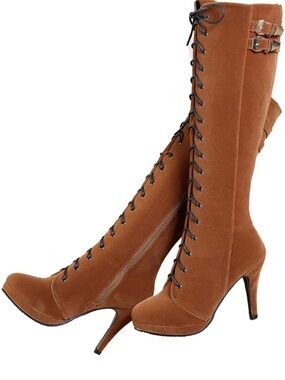 Women’s Lace-Up Knee High Heeled Boots - Brown